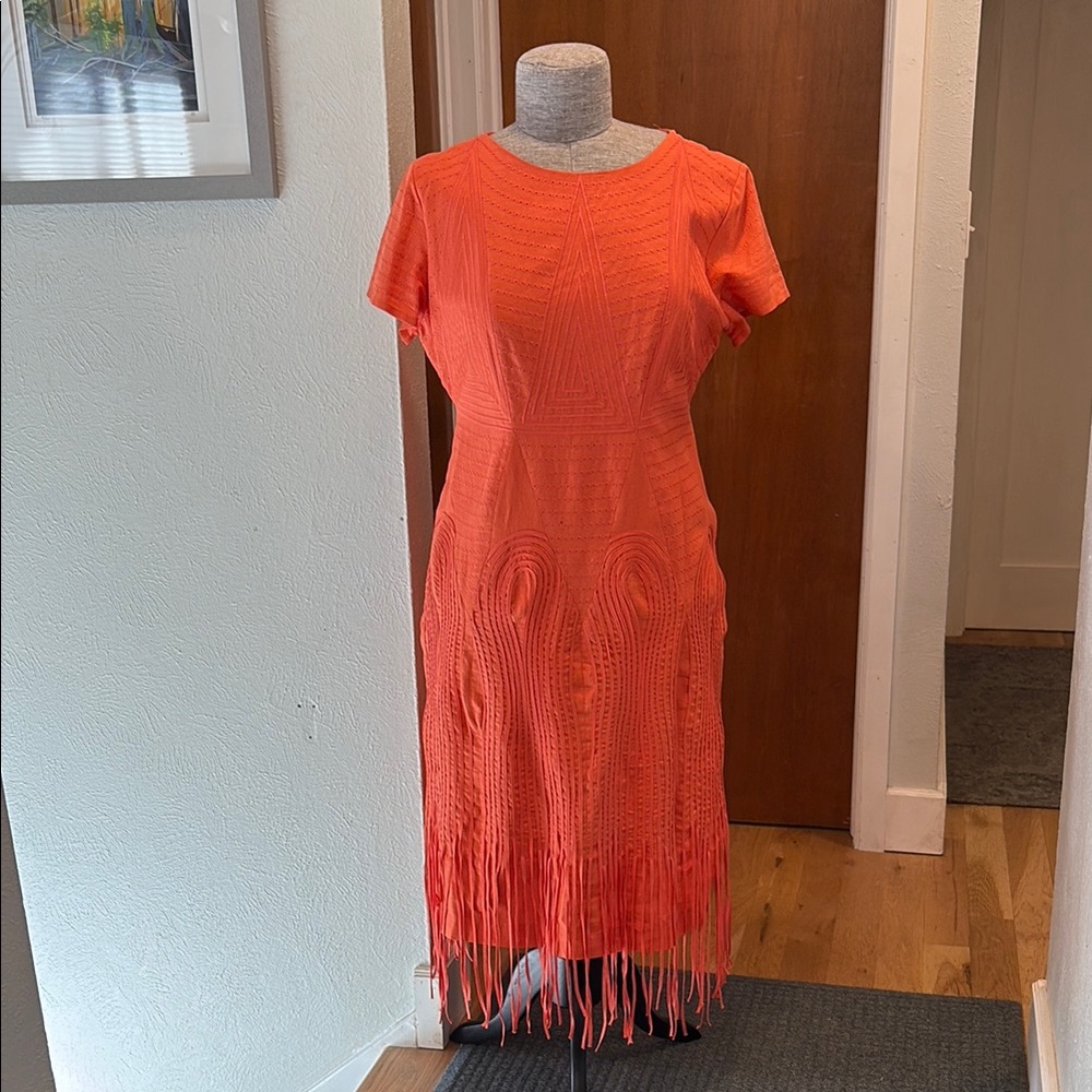 Vintage Orange 100% Linen Embroidered Eyelet Fringe Dress by The Way Size 14